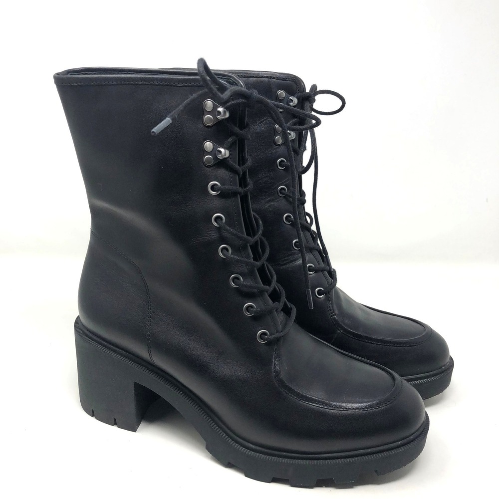J.Crew Lace‎ Up Boots Womens 9 Black Leather Block Heel Lug Sole BJ871 Combat